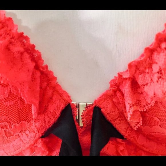 💕La Senza Hot Coral Padded Push Up Bra Lace Babydoll Lingerie w/Panties S NWOT💕 - Picture 9 of 16